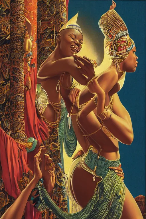 Prompt: an african goddess queen in 2 3 0 0 by gil elvgren and norman rockwell and rob gonsalves and hajime sorayama, hyperrealistic, high detail