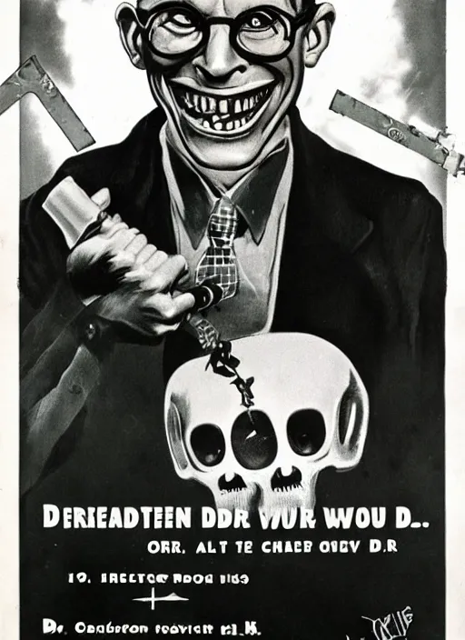 Image similar to creepy Dr. Kleiner from Half Life with a scary comically large smile, 1940s scare tactic propaganda art