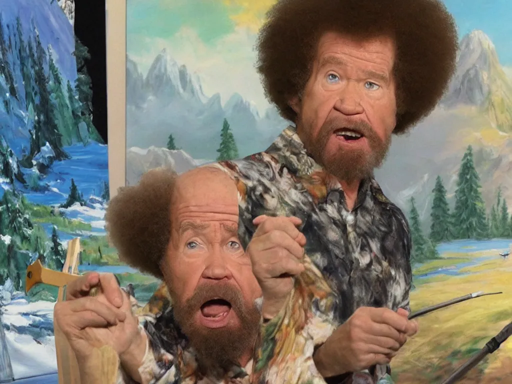 Image similar to bob ross is sad and sngry and yelling at a huge painting by bob ross