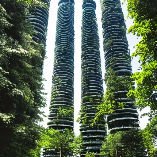 Prompt: high towers sustainable full of trees and crowd of people