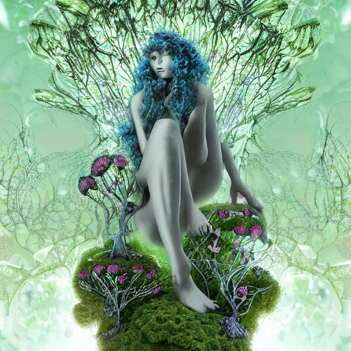 Image similar to glowing delicate flower and mushrooms that grow in a dark fatansy forest on the planet Pandora, an idealistic marble statue with fractal flowery hair in a fractal garden,