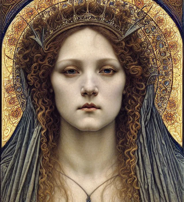 Image similar to detailed realistic beautiful young medieval queen face portrait by jean delville, gustave dore and marco mazzoni, art nouveau, symbolist, visionary, gothic, pre - raphaelite. horizontal symmetry