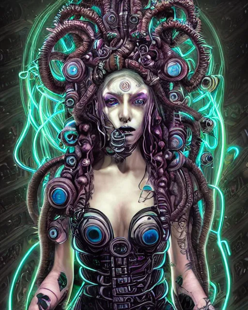 Prompt: Perfectly-centered Hyperdetailed Hyper realistic symmetrical cinematic RPG portrait-illustration of a beautiful aetherpunk cyberpunk Medusa with glowing eyes in a black otherworldly dress and long ravepunk snakes for hair. She's near lovecraftian towers in a surreal landscape, style of epic sci-fi comic-book cover, 3D rim light, octane, dark retrowave, artstation, cgsociety, fantasy digital art, smooth, sharp focus