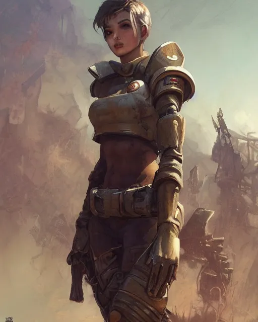 Prompt: fallout 5, concept art brunette female enclave officer portrait, concept art, outdoors mesa setting, spring time, slight overcast, atmospheric lighting, painted, intricate, volumetric lighting, beautiful, sharp focus, golden hour, ultra detailed by krenz cushart and wenjun lin