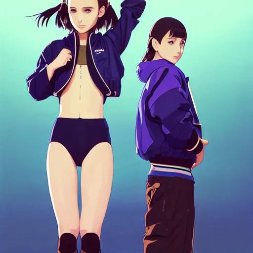 Image similar to a beautiful boyish natalie portman gravure model, wearing oversized mayan bomber jacket and leotard with overalls, bulky poofy bomber jacket with mesoamerican patterns, mesoamerican street fashion, gapmoe yandere grimdark, trending on pixiv fanbox, painted by greg rutkowski makoto shinkai takashi takeuchi studio ghibli, akihiko yoshida