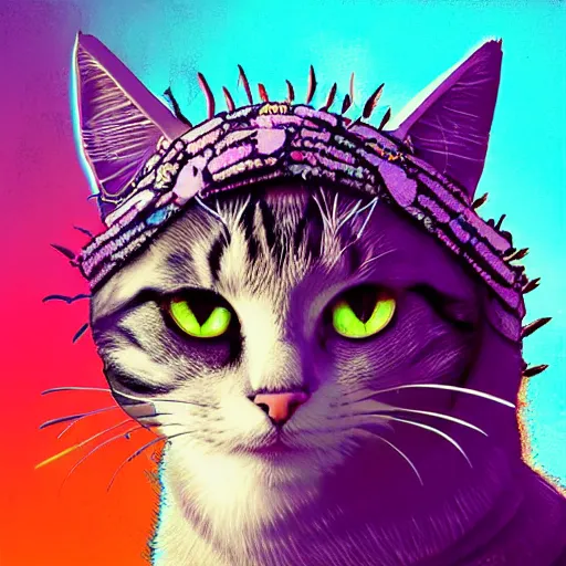 Image similar to “A cat wearing a pharaoh's headdress in an alley, synthwave digital art photorealistic”