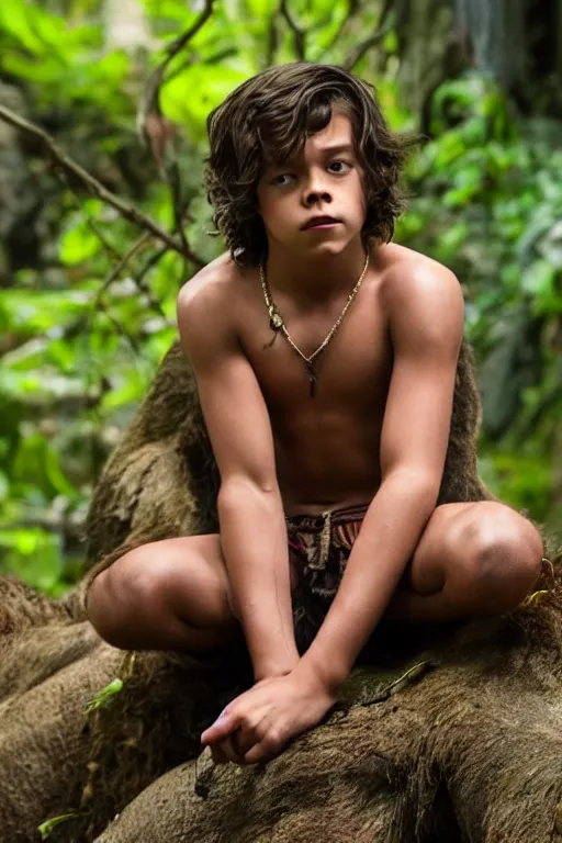 Image similar to young harry styles plays mowgli in the live action adaptation of the jungle book, 3 5 mm photography, highly detailed, cinematic lighting, 4 k