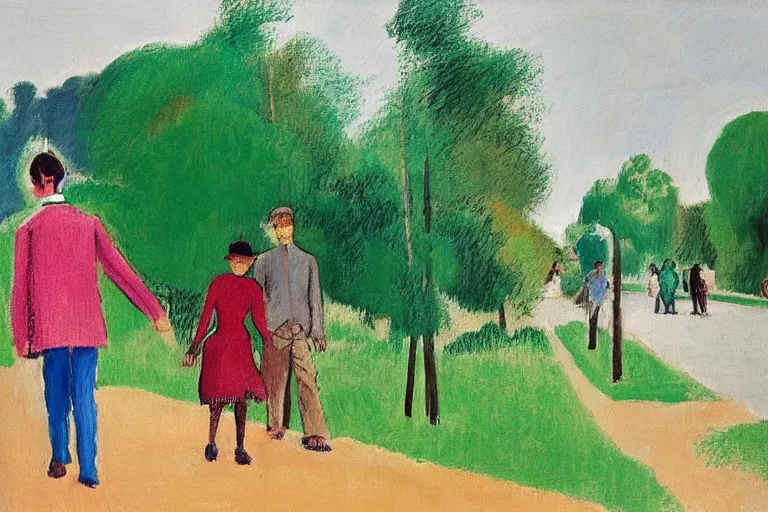 Image similar to a very tall man named John with dark hair holding the hands of a short young boy named Alex with dark hair as they walk down a suburban highway on a bright beautiful colorful day. part in the style of an edgar degas painting. part in the style of david hockney