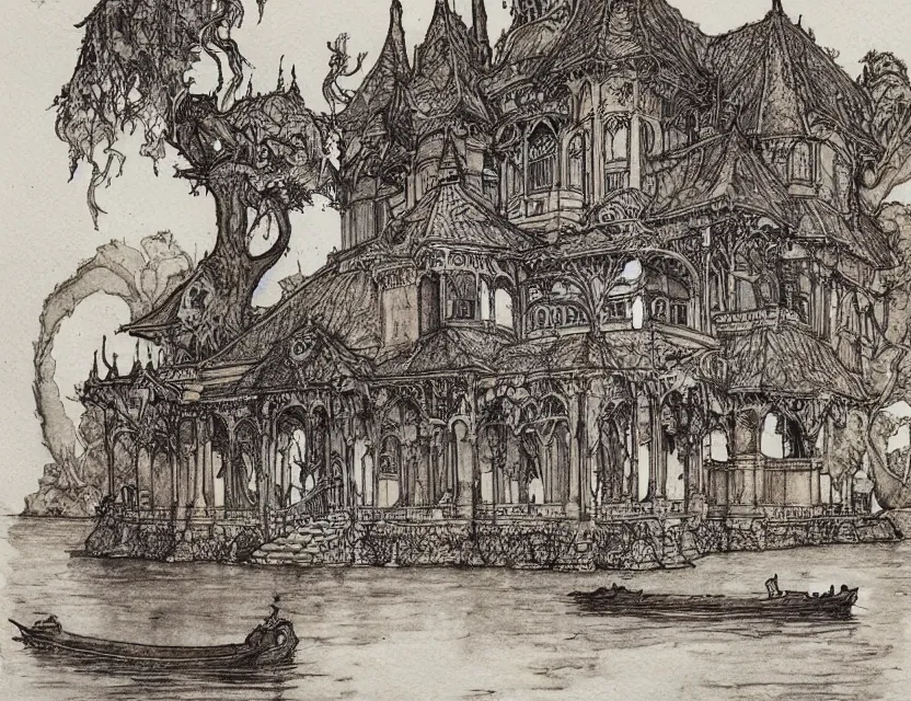Image similar to a detailed, intricate watercolor and ink illustration with fine lines of the view from the river of an ornate victorian style home, by arthur rackham and edmund dulac and lisbeth zwerger