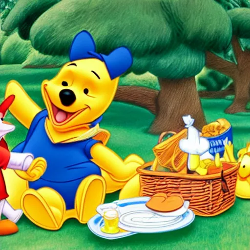 Image similar to Winnie the pooh and Donald duck having a picnic
