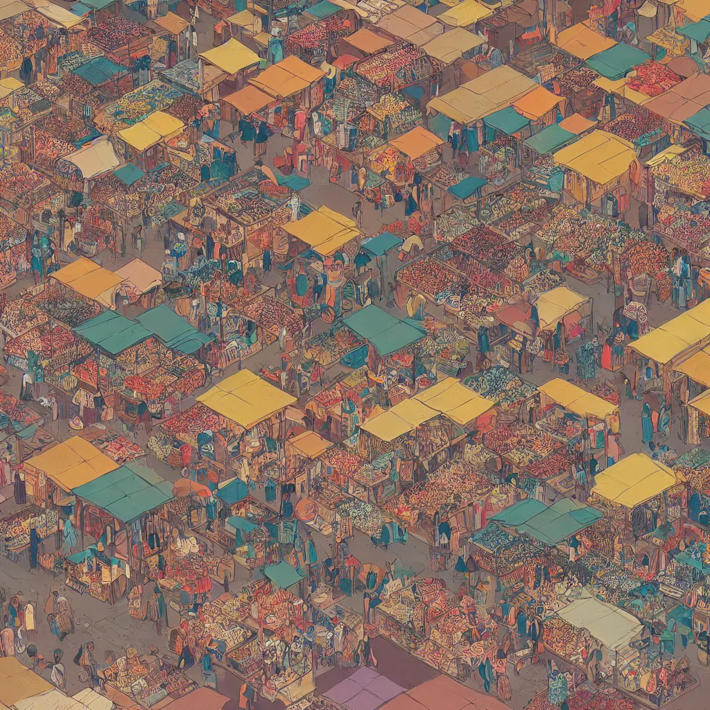 Image similar to isometric view illustration of a Souk in Marrakesh, highly detailed mid day by Victo Ngai