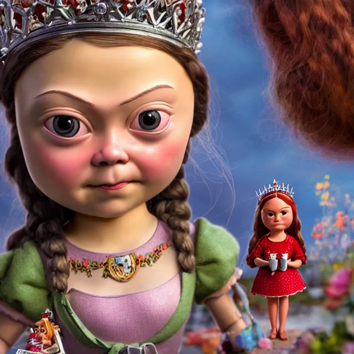 Image similar to highly detailed closeup, face profile portrait of greta thunberg as a tin toy fairytale princess wearing a crown eating cakes, bikini, unreal engine, nicoletta ceccoli, mark ryden, earl norem, lostfish, global illumination, detailed and intricate environment