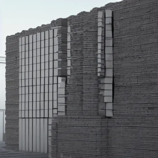 Prompt: facade of cubic building made of bricks, two-point perspective, volumetric rays, cinematic lighting, 4k, 8k