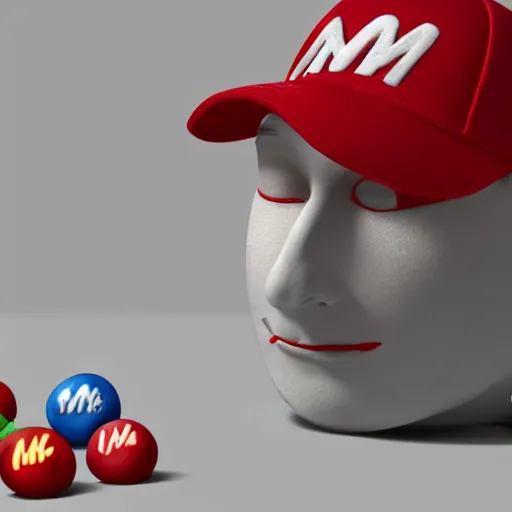 Image similar to a single red m & m candy with white arms and legs, a red sphere wearing a white baseball cap, eminem as the red m character standing on a floor covered with m & m candies, m & m candy dispenser!!!, m & m plush, unreal engine, studio lighting, unreal engine, volumetric lighting, artstation, cosplay, by hans bellmer