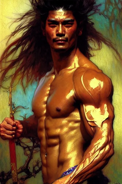 Prompt: attractive muscular man, wuxia, colorful, painting by gaston bussiere, craig mullins, greg rutkowski, alphonse mucha