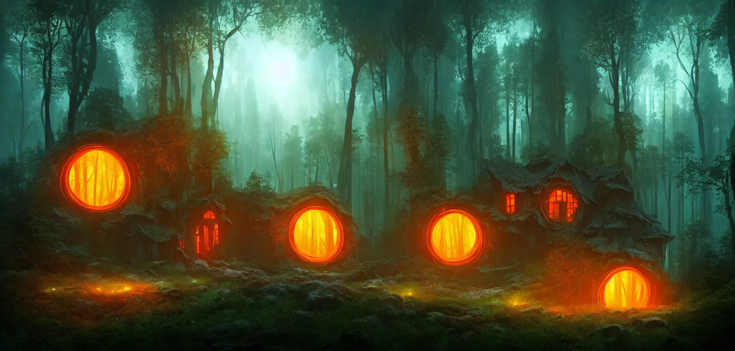 Image similar to random scary forest house landscape, round glowing vivid colour neon portal, incredible, vector art, octane render, fabulous, hyper detailed, random cinematic view, no noise, global illumination, warm lighting, volumetric, godrays, vivid, beautiful, by jordan grimmer