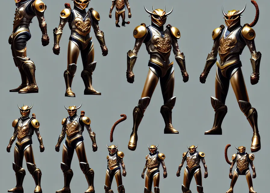 Prompt: concept art sprite sheet of lion character kamen rider, big belt, human structure, concept art, hero action pose, human anatomy, intricate detail, hyperrealistic art and illustration by irakli nadar and alexandre ferra, unreal 5 engine highlly render, global illumination