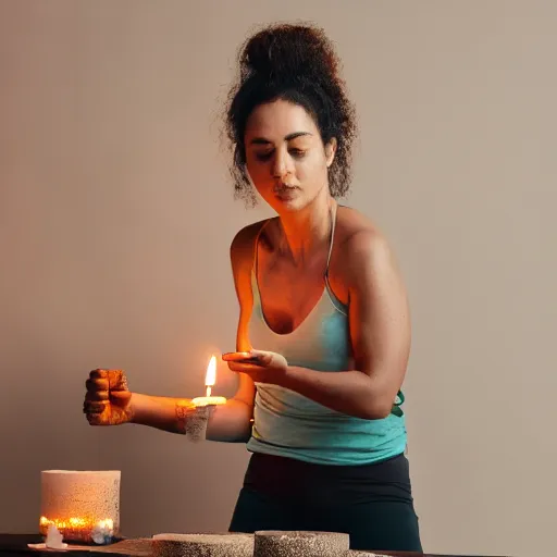 Prompt: portrait of yogawoman making homemade candles, photoshot, hyper detailed, 8k,