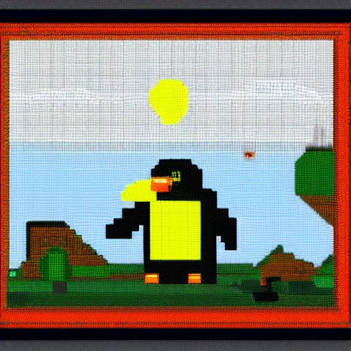 Image similar to arctic landscape, 8 bit pixel art, penguin, hut