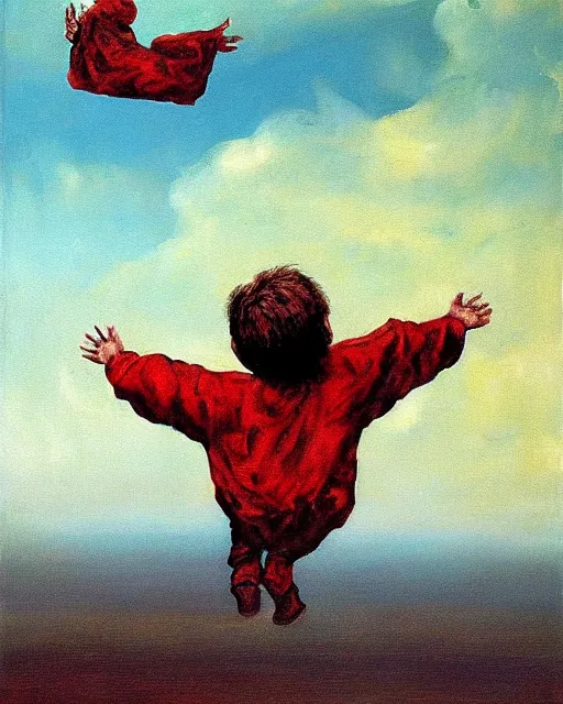 Image similar to early color photo of a scared boy flying in sky, Beksinski painting, painted by Adrian Ghenie and Gerhard Richter, 2007