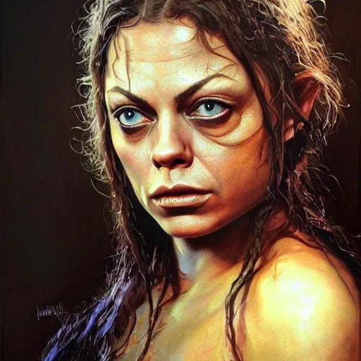 Prompt: detailed portrait of mila kunis as gollum from lord of the rings intricate, hyper detailed, realistic, oil painting, by julie bell, frank frazetta, cinematic lighting