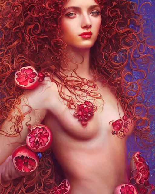 Image similar to portrait of glamor greek persephone | pomegranate | curly hair | orchard background | highly detailed | very intricate | professional model | cinematic lighting | painted by donato giancola and mandy jurgens and charlie bowater | bold colors, artdeco, art deco outrun anime aesthestic, 8 0's nostalgia | featured on artstation