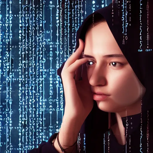 Image similar to a Portrait of a hacker, by ASMA, by Irina French, by Lim Chuan Shin, by Małgorzata Kmiec, computer screens in the background, trending on Artstation, dark, dramatic, cinematic, realistic studio lighting, realistic reflections, 4k, professional, canon