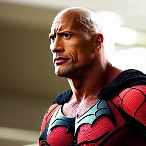 Prompt: Dwayne Johnson as Spiderbatman , raining ,an film still