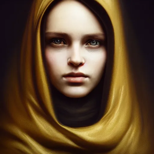 Image similar to a portrait of a young woman wearing a long dark cloak, hood and shadows covering face, anatomically correct, beautiful perfect face, enigmatic, oil painting, matte painting, black background, Volumetric Golden dappled dynamic lighting, Highly Detailed, Cinematic Lighting, Unreal Engine, 8k, HD, by Beksinski