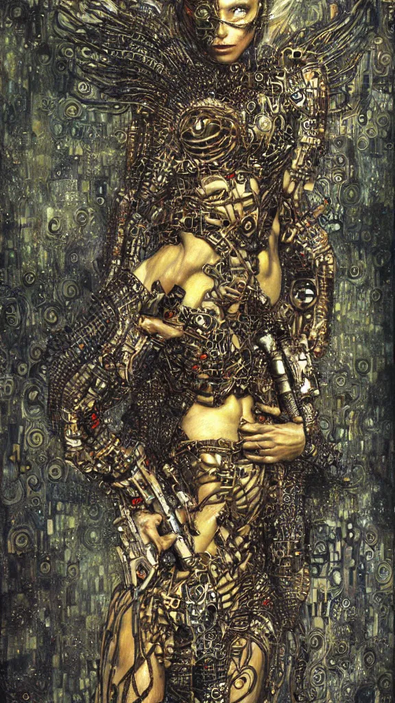 Image similar to cybernetic female supersoldier armed with laser rifle battling demon, intricate detail, klimt, royo, whealan,