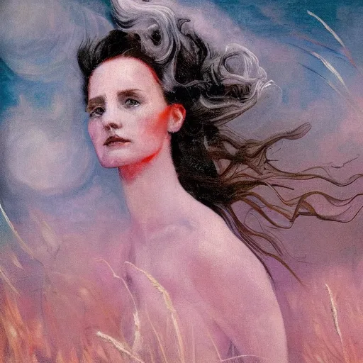 Image similar to 4 k resolution by abbott fuller graves ghostly, bold. a mixed mediart of a woman standing in a field of ashes, her dress billowing in the wind. her hair is wild & her eyes are closed, in a trance - like state. dark & atmospheric, ashes seem to be alive, swirling around.