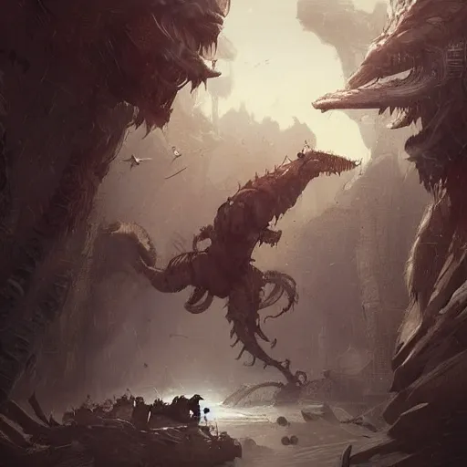 Image similar to a battle of creatures and humans , digital Art, Greg rutkowski, Trending artstation,cinematic