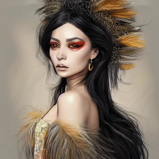 Image similar to A portrait of an attractive young female, beautiful long flowered hair, wearing a dress of black golden feathers, intricate, highly detailed, elegant, digital painting, trending on artstation