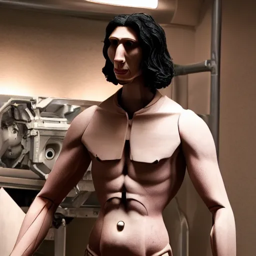 Image similar to animatronic Adam Driver, exposed mechanics, photo, Stan Winston studios, detailed, 4k