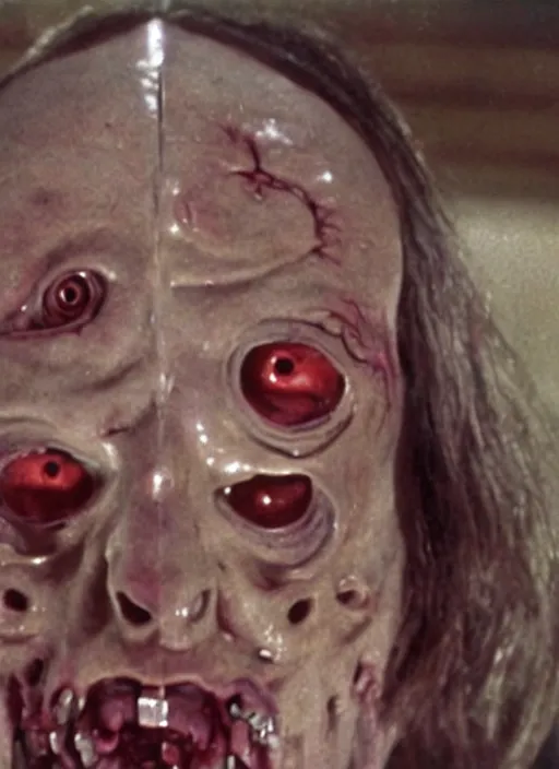 Prompt: horror practical fx of an a dismembered a brain with crooked eyes and teeth staring at the camera by dario argento and david cronenberg 1 9 7 0