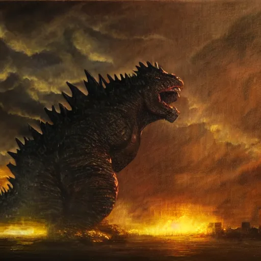 Image similar to oil painting of godzilla conquering e destroying a city, cinematic lighting