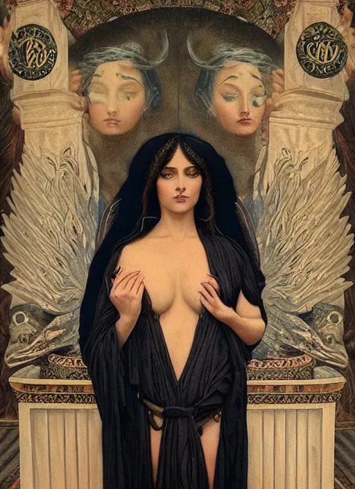 Image similar to beautiful enlightened cult magic psychic woman with tattoos, tattooed skin, oil painting, robe, symmetrical face, greek dark ritual myth, by john william godward and anna dittman, masterpiece