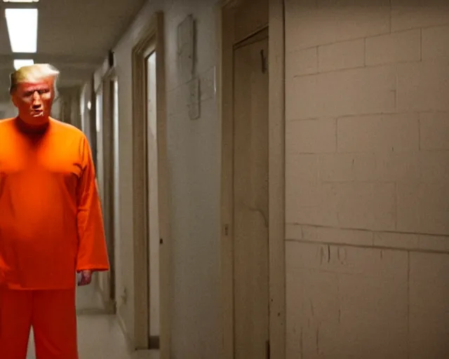 Image similar to establishing shot, film still of donald trump wearing orange prison pajamas locked up in an asylum, cinematic masterpiece, octane, dramatic lighting, very detailed