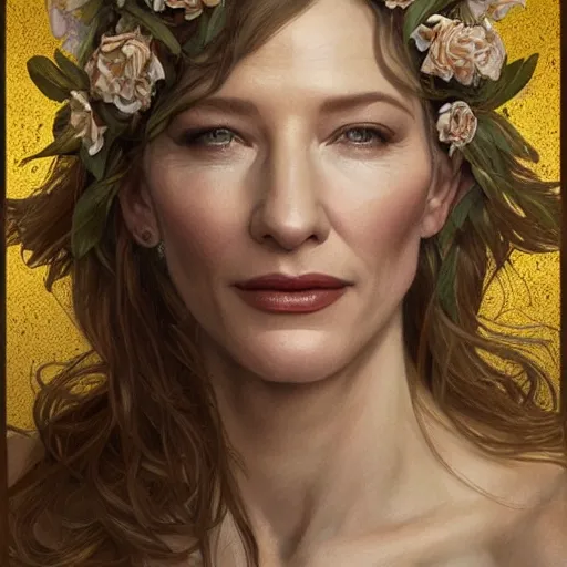 Image similar to Portrait of cate blanchett wearing a floral crown, olive skin, long dark hair, beautiful bone structure, shiny gold background, intricate, elegant, highly detailed, digital painting, artstation, concept art, smooth, sharp focus, illustration, art by artgerm and greg rutkowski and alphonse mucha