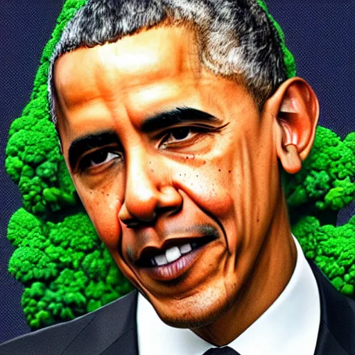 Image similar to barack obama with hair made out of broccoli. still image. high detail