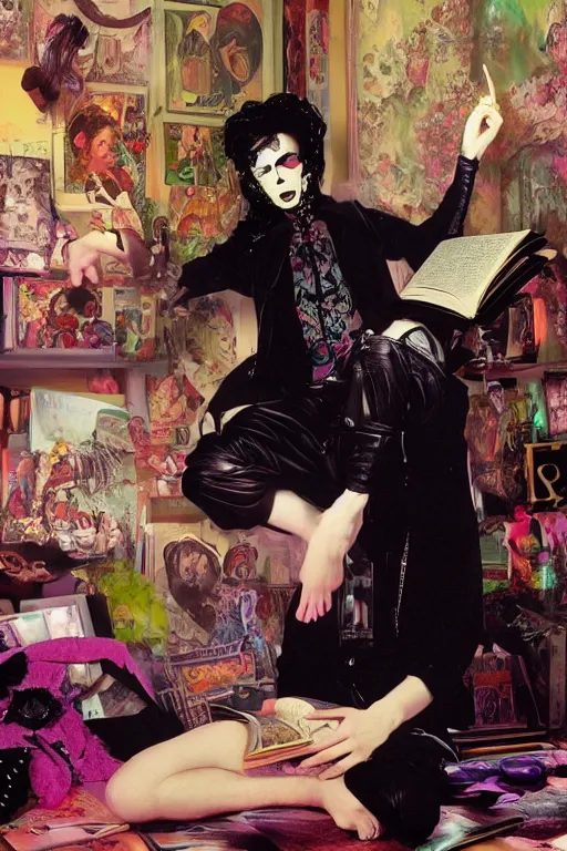 Image similar to goth guy sitting on the floor of a cluttered 9 0 s bedroom reading a book by rolf armstrong, vaporwave colors, lo - fi, 4 k, hd,