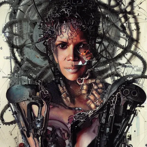 Image similar to halle berry as a cyberpunk noir detective, skulls, wires cybernetic implants, machine noir grimcore, in the style of adrian ghenie esao andrews jenny saville surrealism dark art by james jean takato yamamoto and by ashley wood and mike mignola