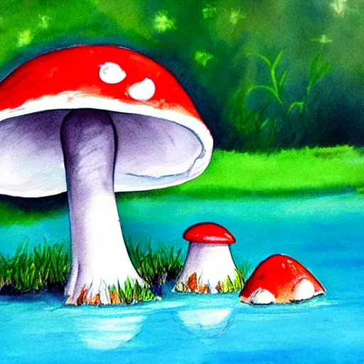 Image similar to a professional water painting of a cute creature sitting next to a mushroom, detailed