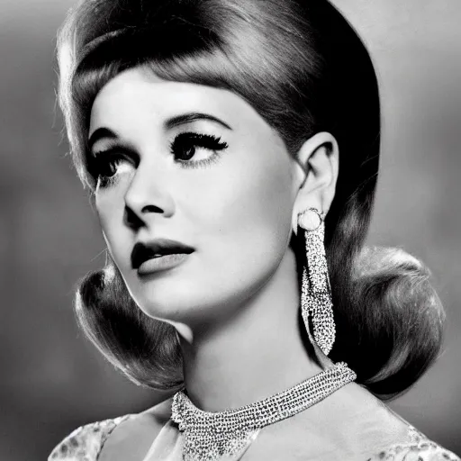 Image similar to close up of female movie star of the sixties with luxury dress, official valentino editorial, highly detailed