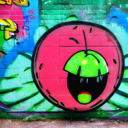 Prompt: a cute and happy watermelon, graffiti, photograph, made by banksy, vivid colors, spray brush, midday, sunny, professional