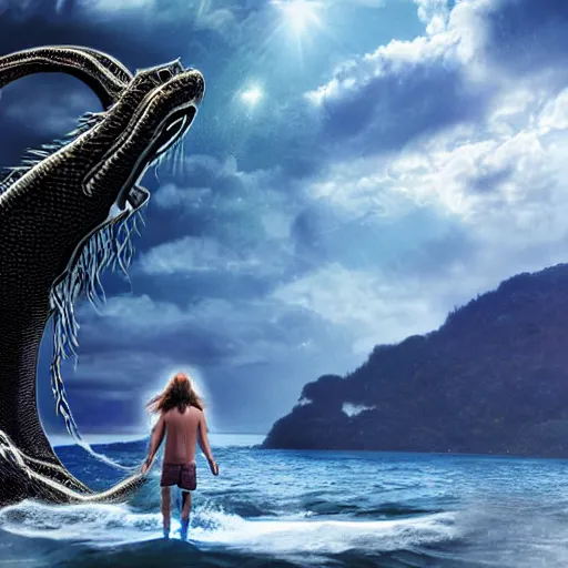 Prompt: a dramatic digital art of a teenage boy with long hair standing on the edge of a cliff over looking water, coming out of the water is a giant serpent water monster looming over the boy with it's mouth open