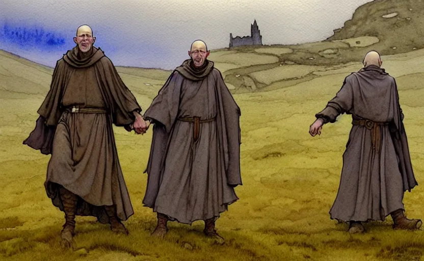 Prompt: a hyperrealist watercolour character concept art portrait of small grey medieval monks holding their hands in the air. a giant flat rock floats in the air above him. it is a misty night on the moors of ireland. by rebecca guay, michael kaluta, charles vess and jean moebius giraud