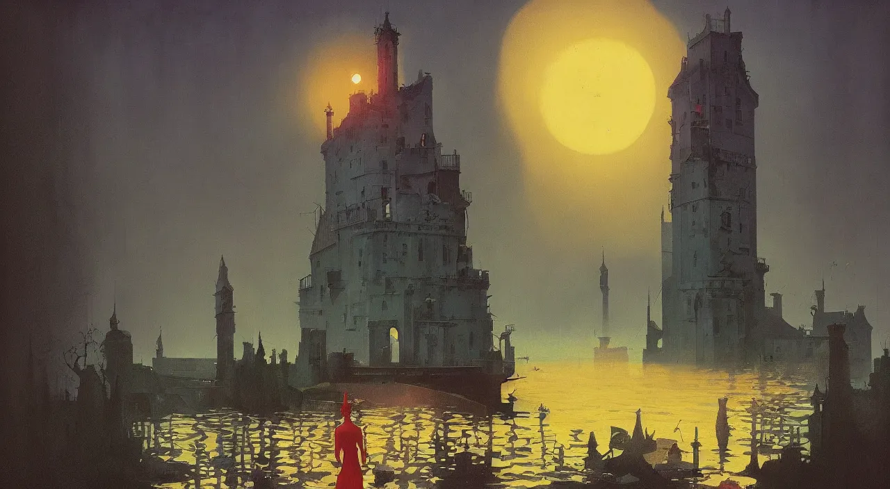 Prompt: single flooded simple tower, very coherent and colorful high contrast!! masterpiece by rene magritte simon stalenhag carl spitzweg syd mead norman rockwell edward hopper james gilleard, minimalist, bloodborne, dark shadows, sunny day, hard lighting