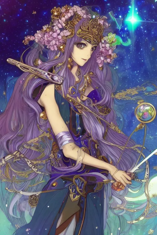 Image similar to psychedelic, intricate, highly detailed, anime, 4k, beautiful seductive lucina from fire emblem holding a crystal containing the universe, with professional makeup, long trippy hair, surrounded by gems, underneath the stars, trending on patreon, deviantart, twitter, artstation, volumetric lighting, heavy contrast, by artgerm and Ilya Kuvshinov and alphonse mucha