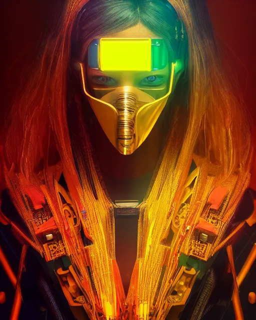 Prompt: portrait of a beautiful cyberpunk cyborg female wearing a ballistic face mask with brilliant gold flowing hair and bright red eyes, intricate abstract. intricate artwork. by Tooth Wu, wlop, beeple, dan mumford. octane render, trending on artstation, greg rutkowski very coherent symmetrical artwork. cinematic, hyper realism, high detail, octane render, 8k, iridescent accents